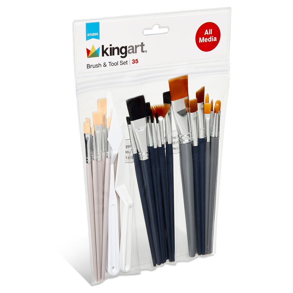 Studio Brush Set - Black & Brown Nylon & White Bristle - 35 Pieces