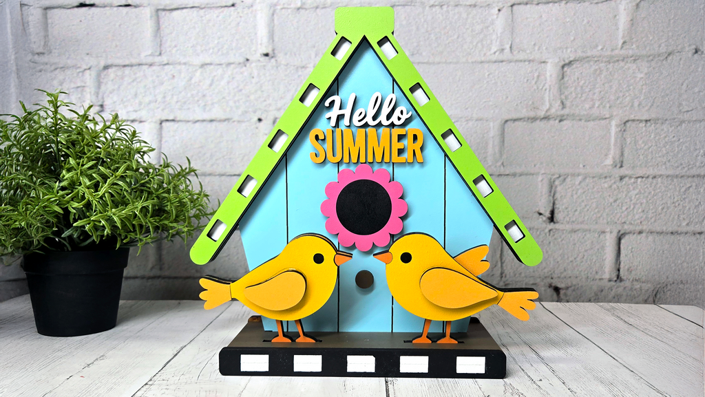 Hello Summer Birdhouse and Birds Tabletop Stander - DIY Unfinished Kit - Lvl 1