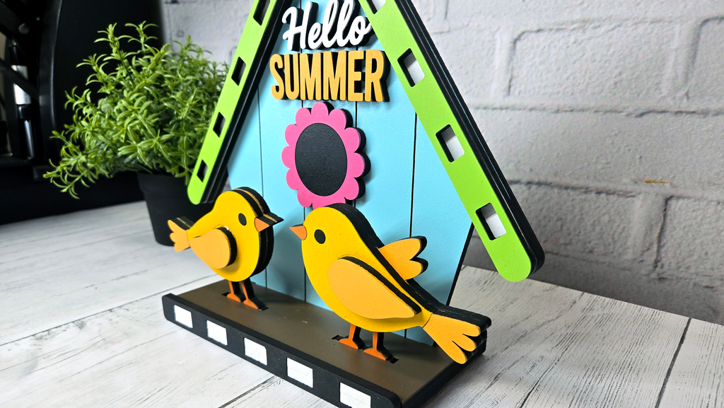 Hello Summer Birdhouse and Birds Tabletop Stander - DIY Unfinished Kit - Lvl 1
