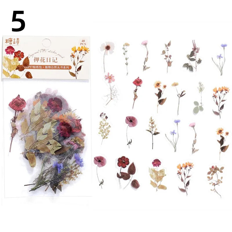 40 Pcs Vintage Plant Flower Stickers | Retro Green Leaf Decal Set for DIY Scrapbooking