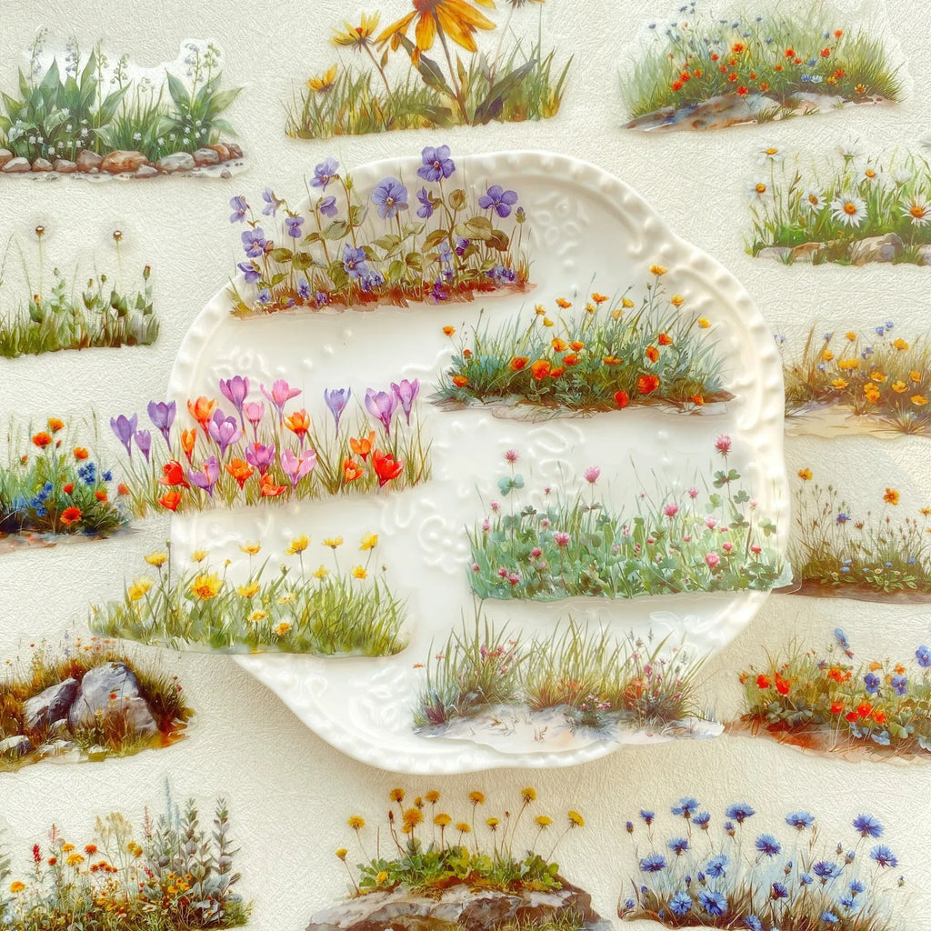 20pcs Flower PET Stickers for Scrapbooking | Green Plants Decorative Stickers