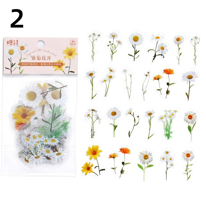 40 Pcs Vintage Plant Flower Stickers | Retro Green Leaf Decal Set for DIY Scrapbooking