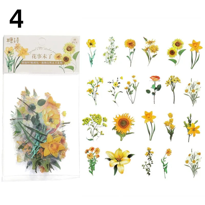 40 Pcs Vintage Plant Flower Stickers | Retro Green Leaf Decal Set for DIY Scrapbooking