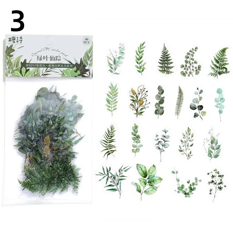 40 Pcs Vintage Plant Flower Stickers | Retro Green Leaf Decal Set for DIY Scrapbooking