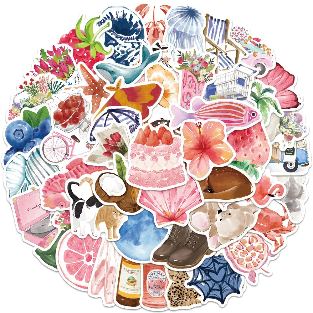 50/100pcs Watercolor Dairy Stickers Decals For Phone Laptop Scrapbook Luggage Helmet DIY Graffiti Aesthetic Stickers Gifts