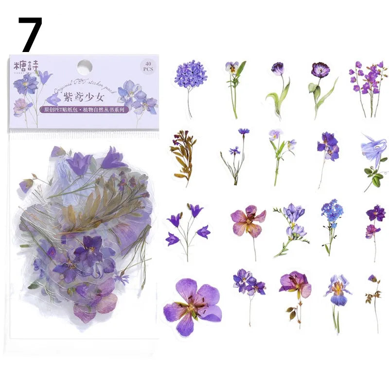 40 Pcs Vintage Plant Flower Stickers | Retro Green Leaf Decal Set for DIY Scrapbooking