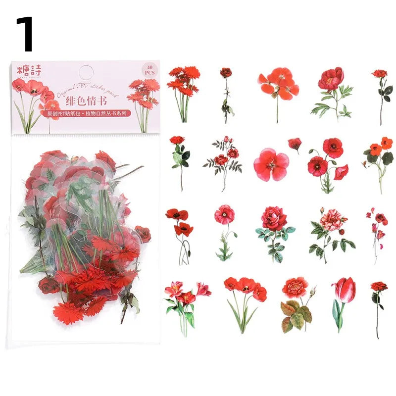 40 Pcs Vintage Plant Flower Stickers | Retro Green Leaf Decal Set for DIY Scrapbooking