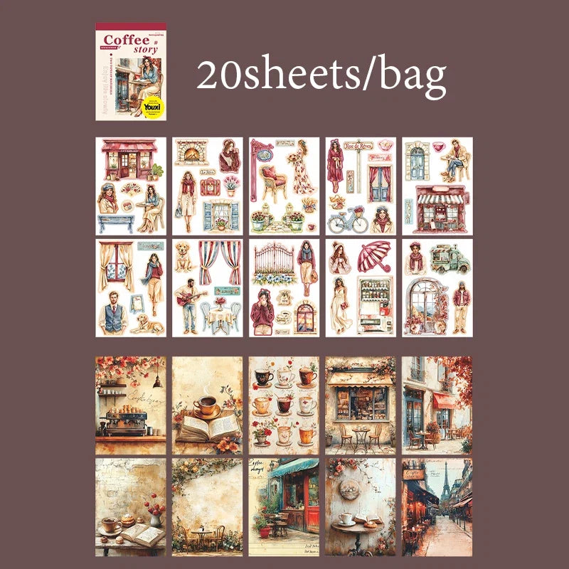 Coffee Sticker Book for DIY Scrapbooking | 20pcs Cafe Story Series