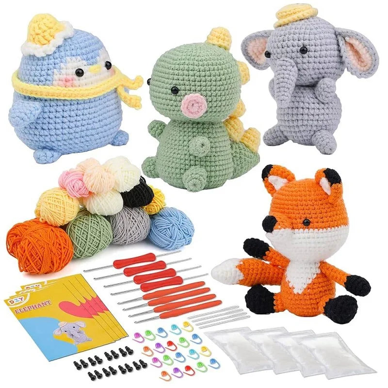 KRABALL Crochet Animal Kit for Beginners With Video Tutorial Cotton Knitting Yarn Thread Needles Hook Knit Tool Set DIY Craft