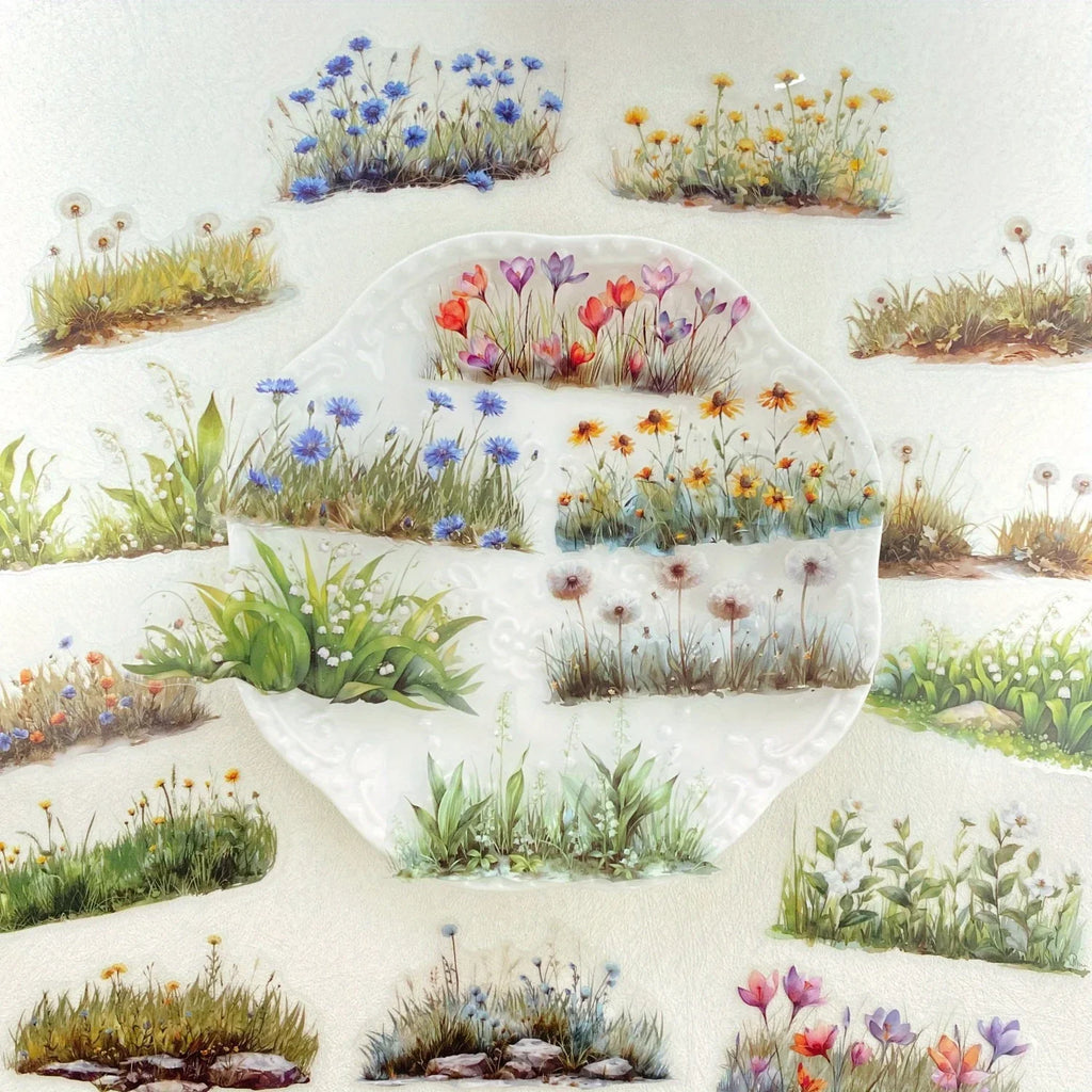 20pcs Flower PET Stickers for Scrapbooking | Green Plants Decorative Stickers