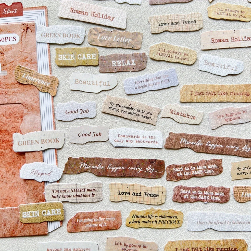 50 Pcs English Label Sticker Package | Junk Journal Scrapbook Embellishment Kit