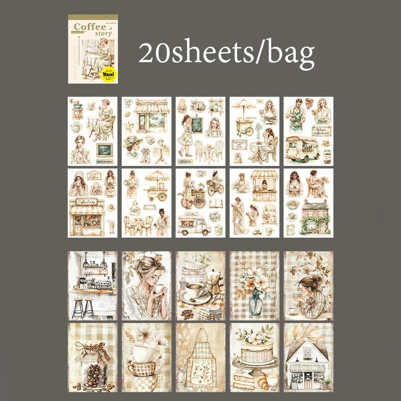 Coffee Sticker Book for DIY Scrapbooking | 20pcs Cafe Story Series
