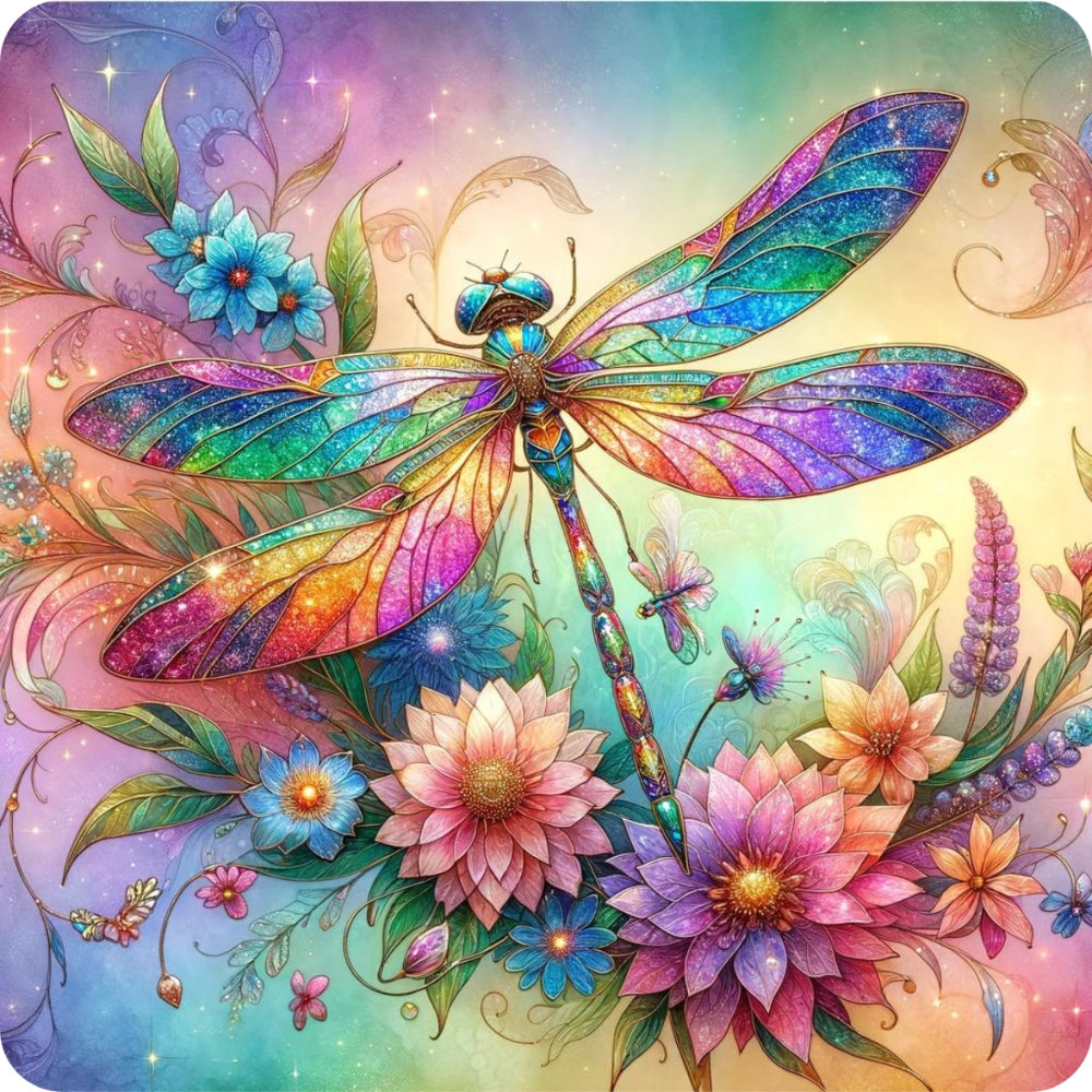 Stained Glass Dragonfly Florals Fabric Panel 1