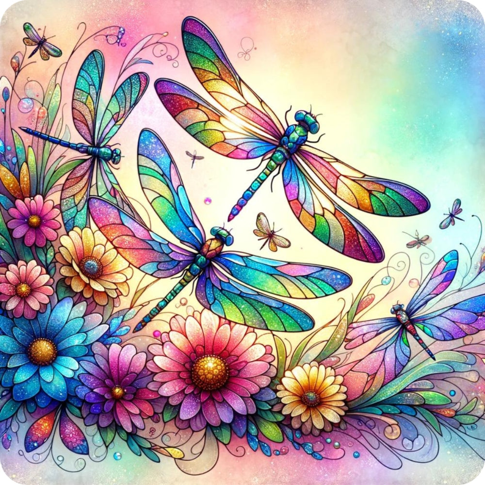 Stained Glass Dragonfly Florals Fabric Panel 2