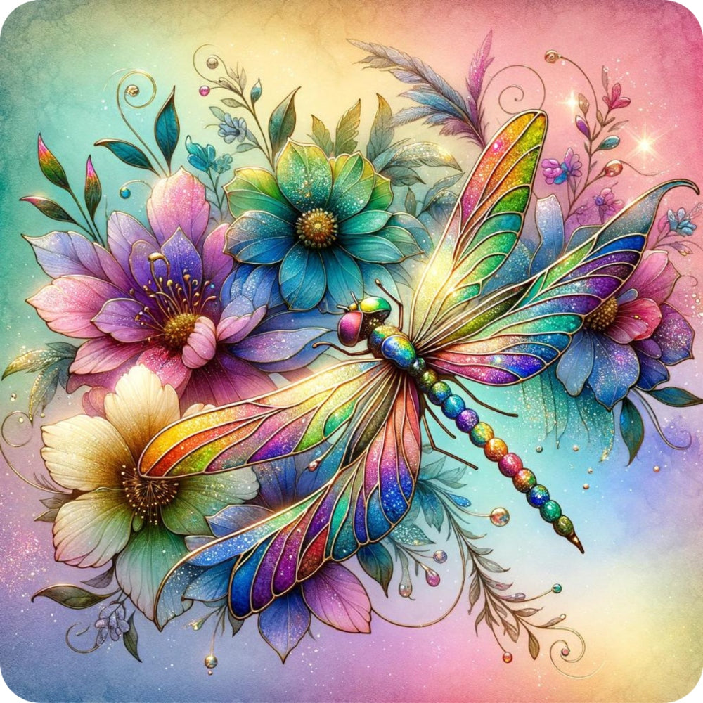 Stained Glass Dragonfly Florals Fabric Panel 3