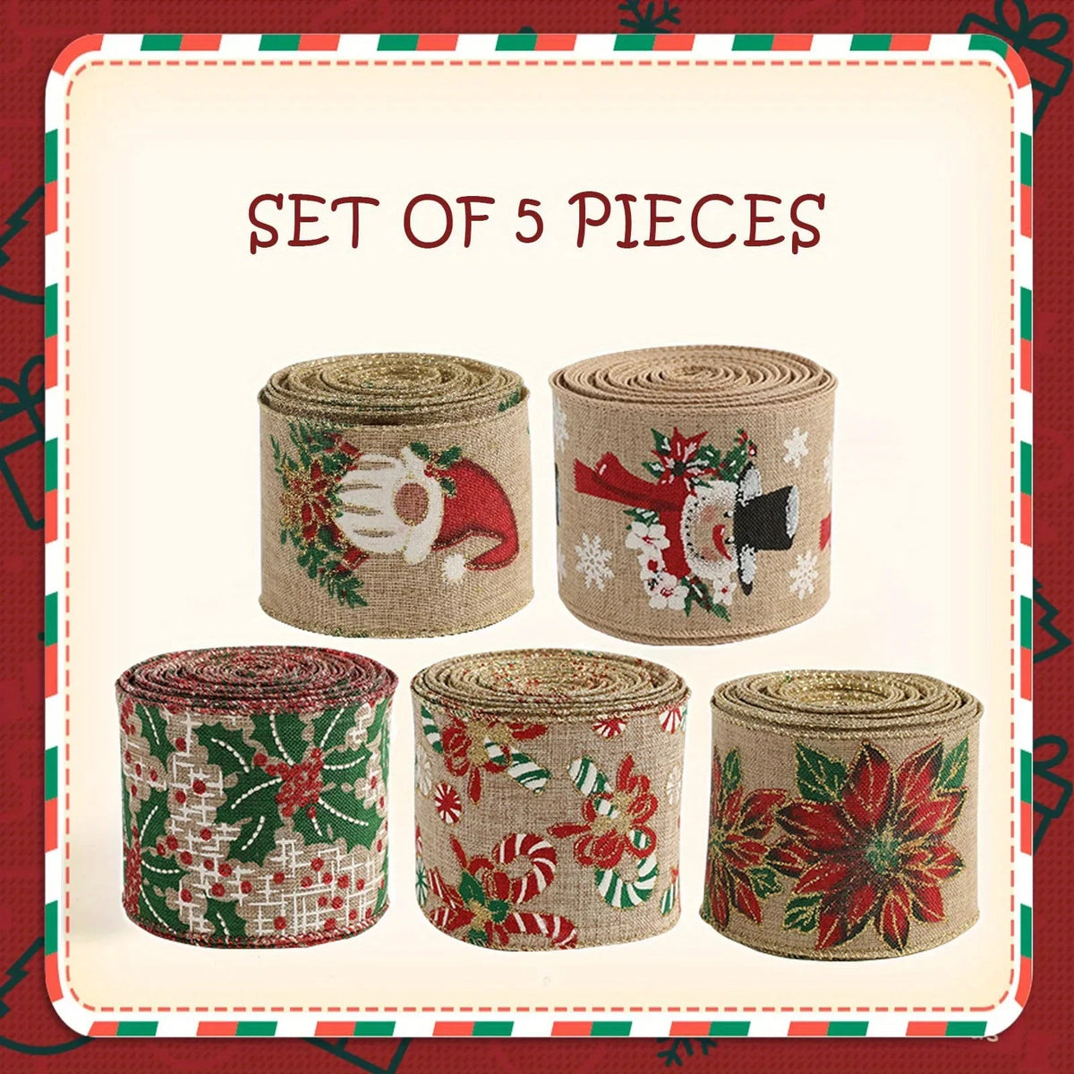 Burlap Christmas Ribbons with Wired Edge for Crafts