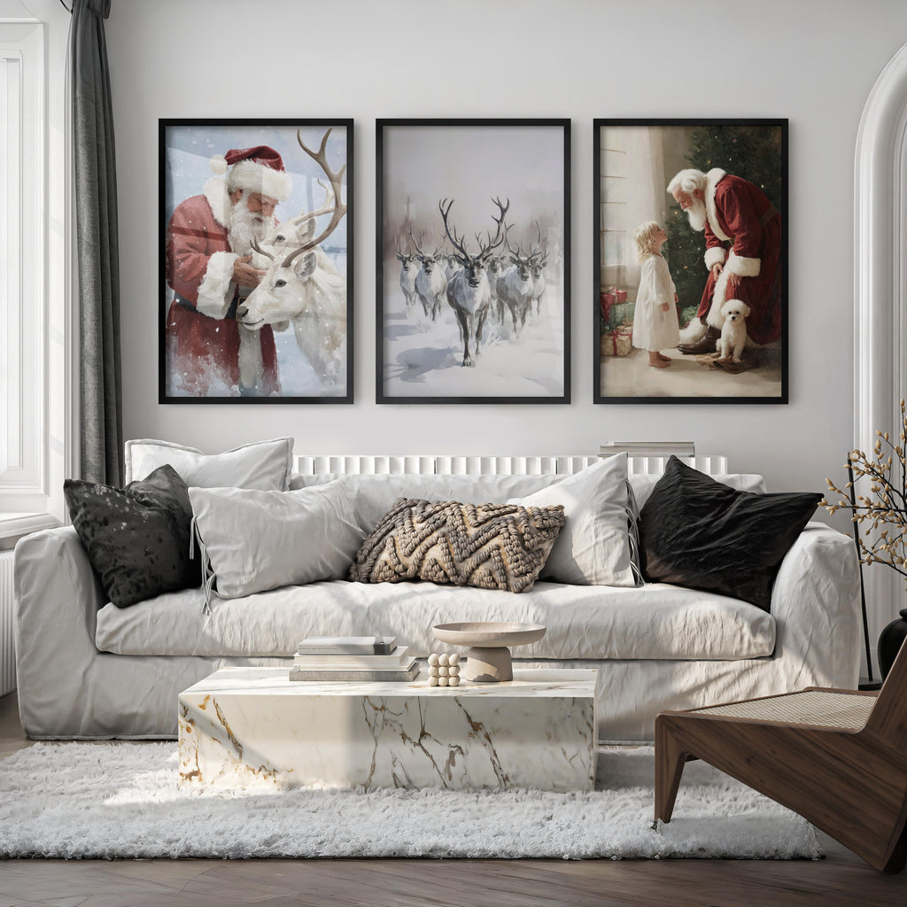Holiday Wall Art Set of 3 – Santa, Reindeer, Christmas Tree Prints