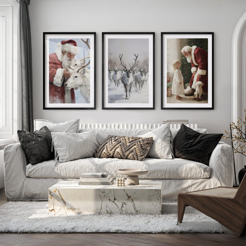 Holiday Wall Art Set of 3 – Santa, Reindeer, Christmas Tree Prints