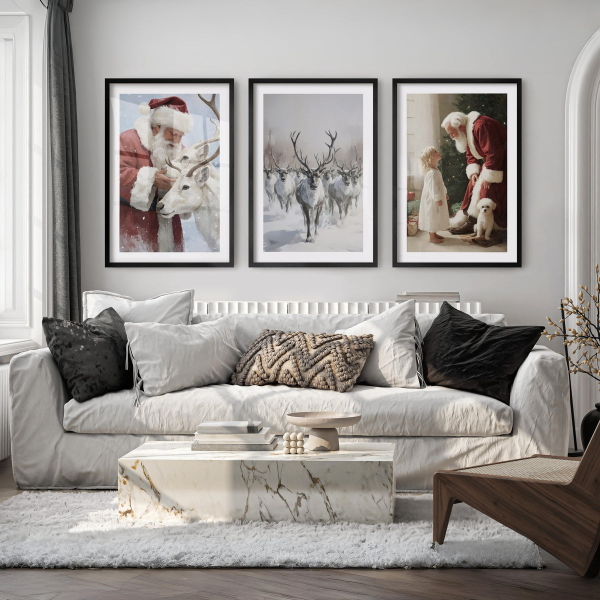 Holiday Wall Art Set of 3 – Santa, Reindeer, Christmas Tree Prints