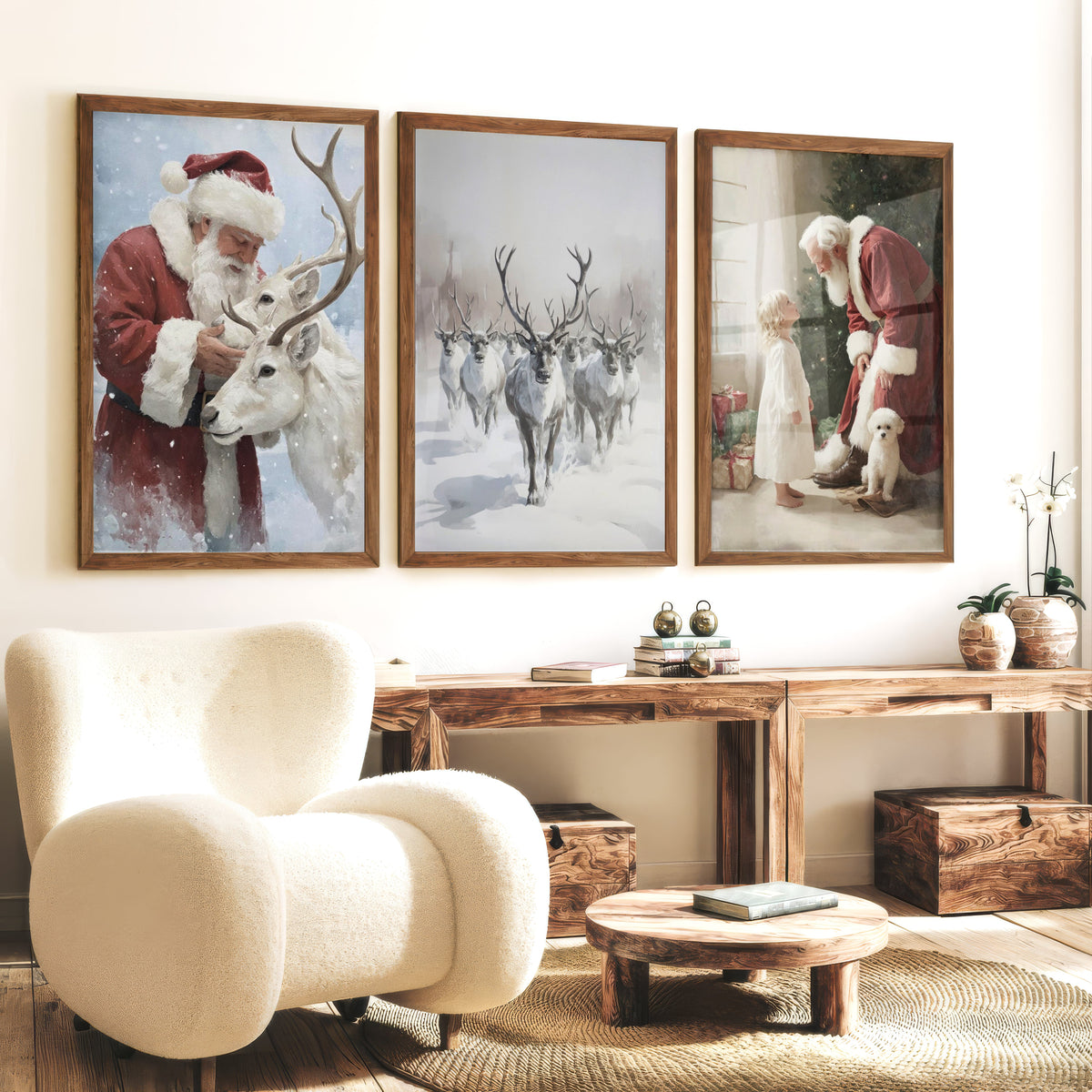 Holiday Wall Art Set of 3 – Santa, Reindeer, Christmas Tree Prints
