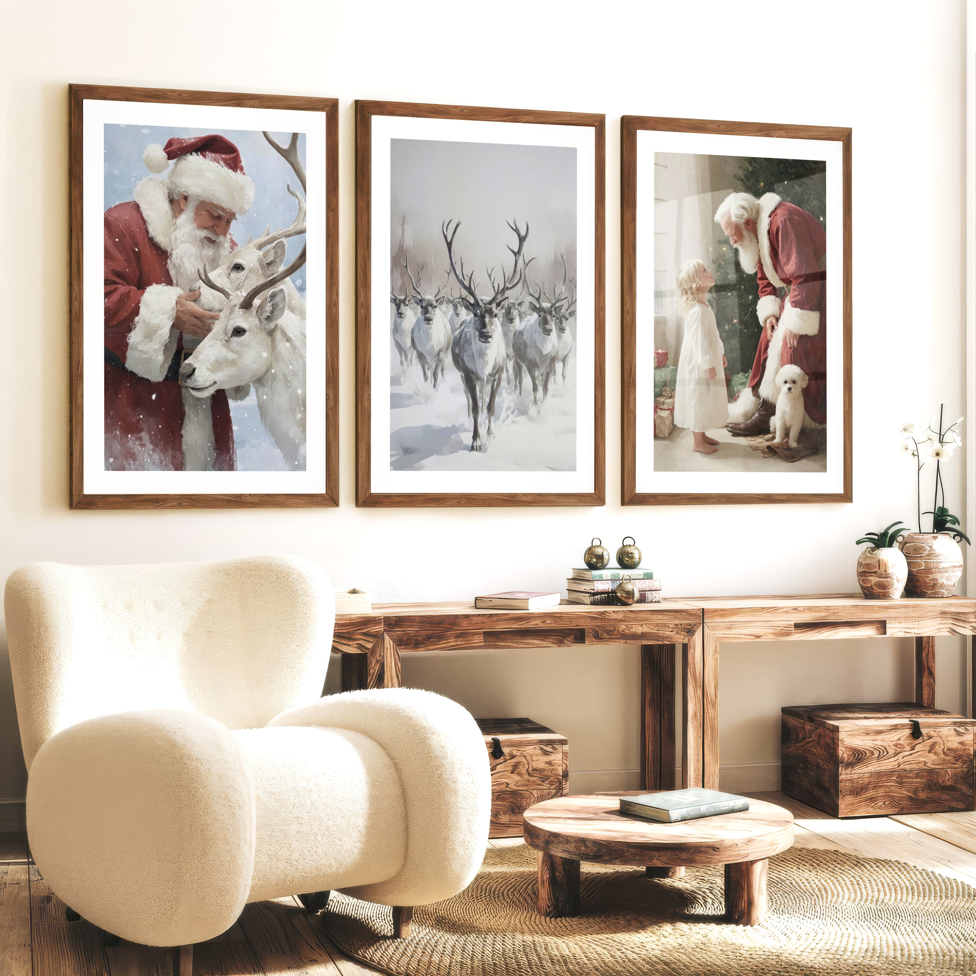Holiday Wall Art Set of 3 – Santa, Reindeer, Christmas Tree Prints