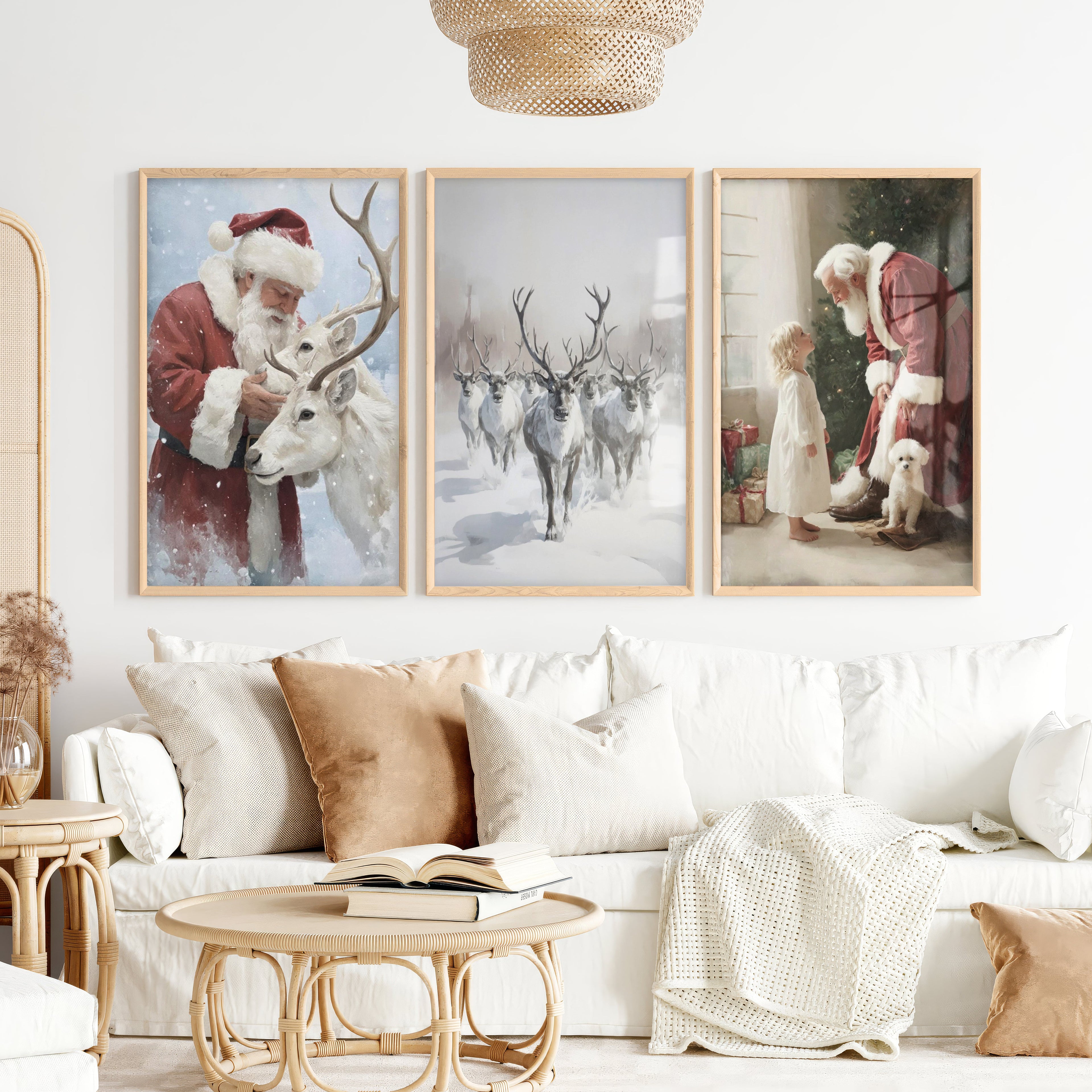 Holiday Wall Art Set of 3 – Santa, Reindeer, Christmas Tree Prints