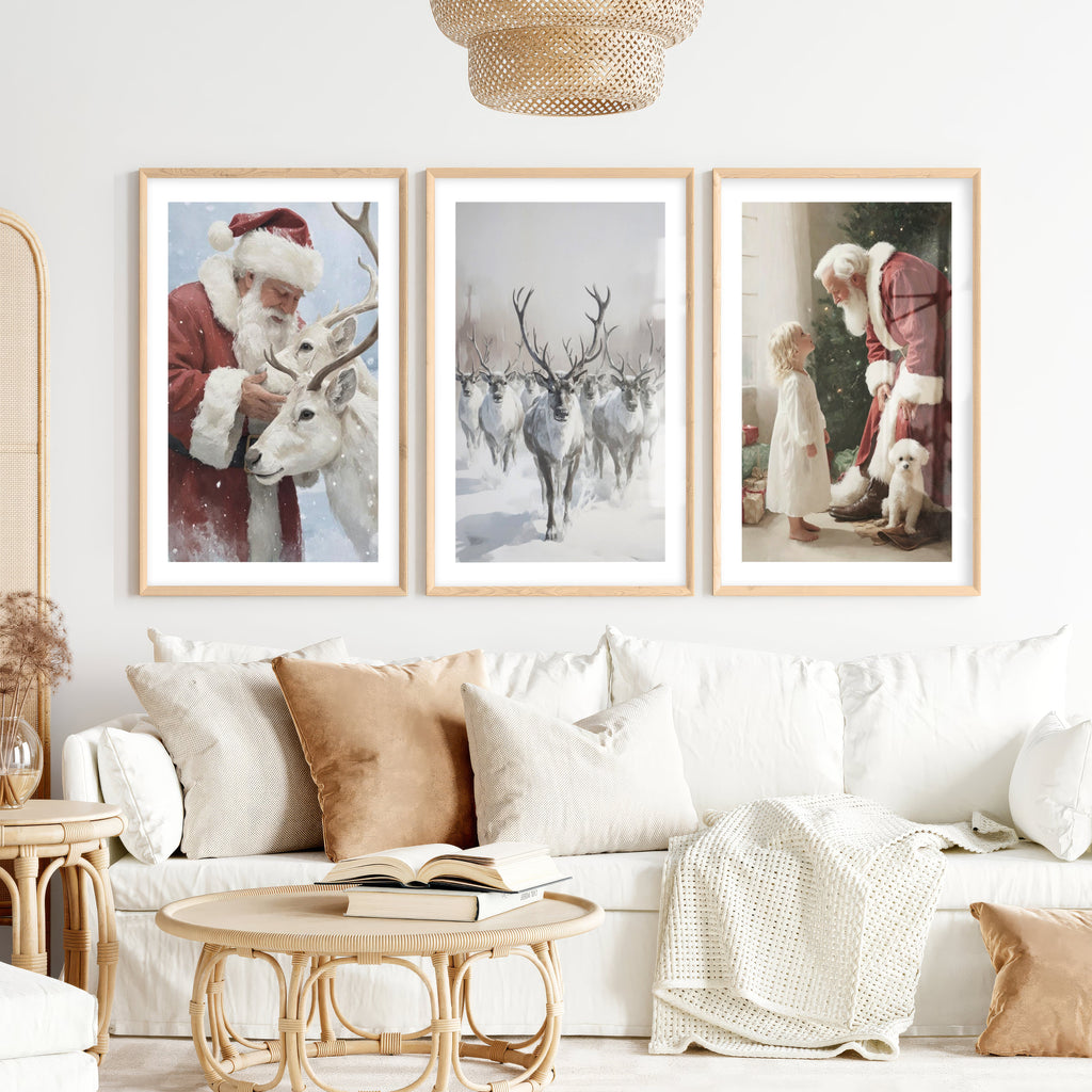 Holiday Wall Art Set of 3 – Santa, Reindeer, Christmas Tree Prints