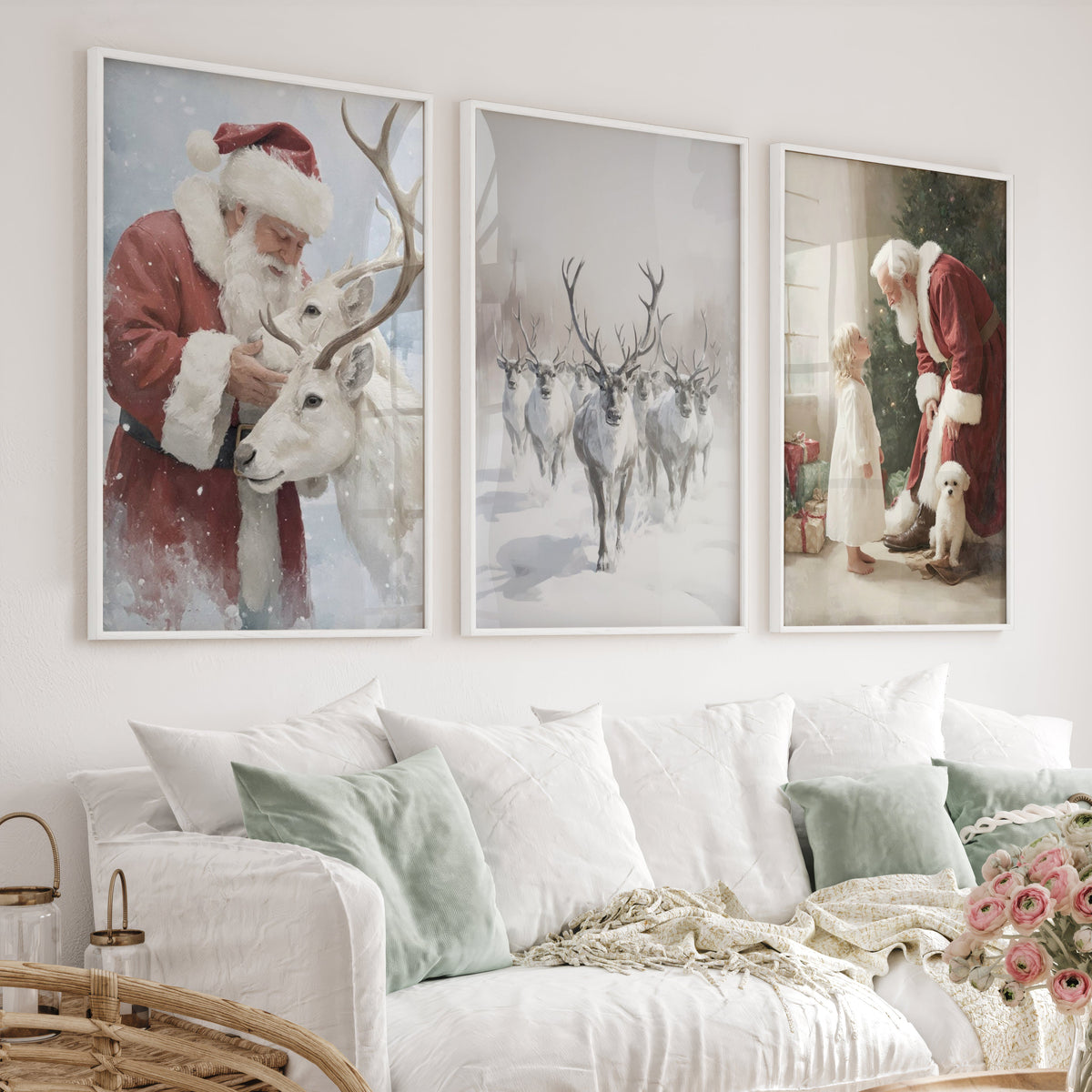 Holiday Wall Art Set of 3 – Santa, Reindeer, Christmas Tree Prints