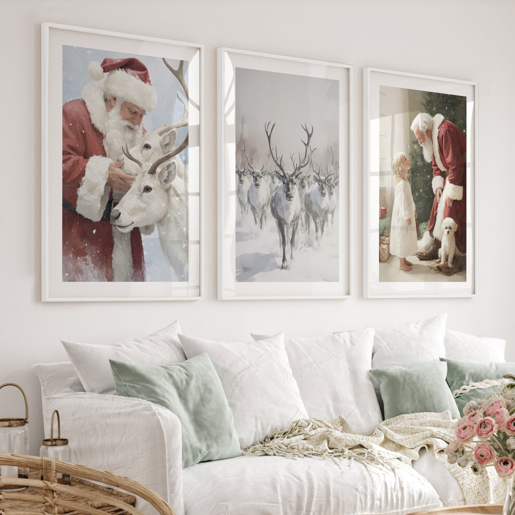 Holiday Wall Art Set of 3 – Santa, Reindeer, Christmas Tree Prints