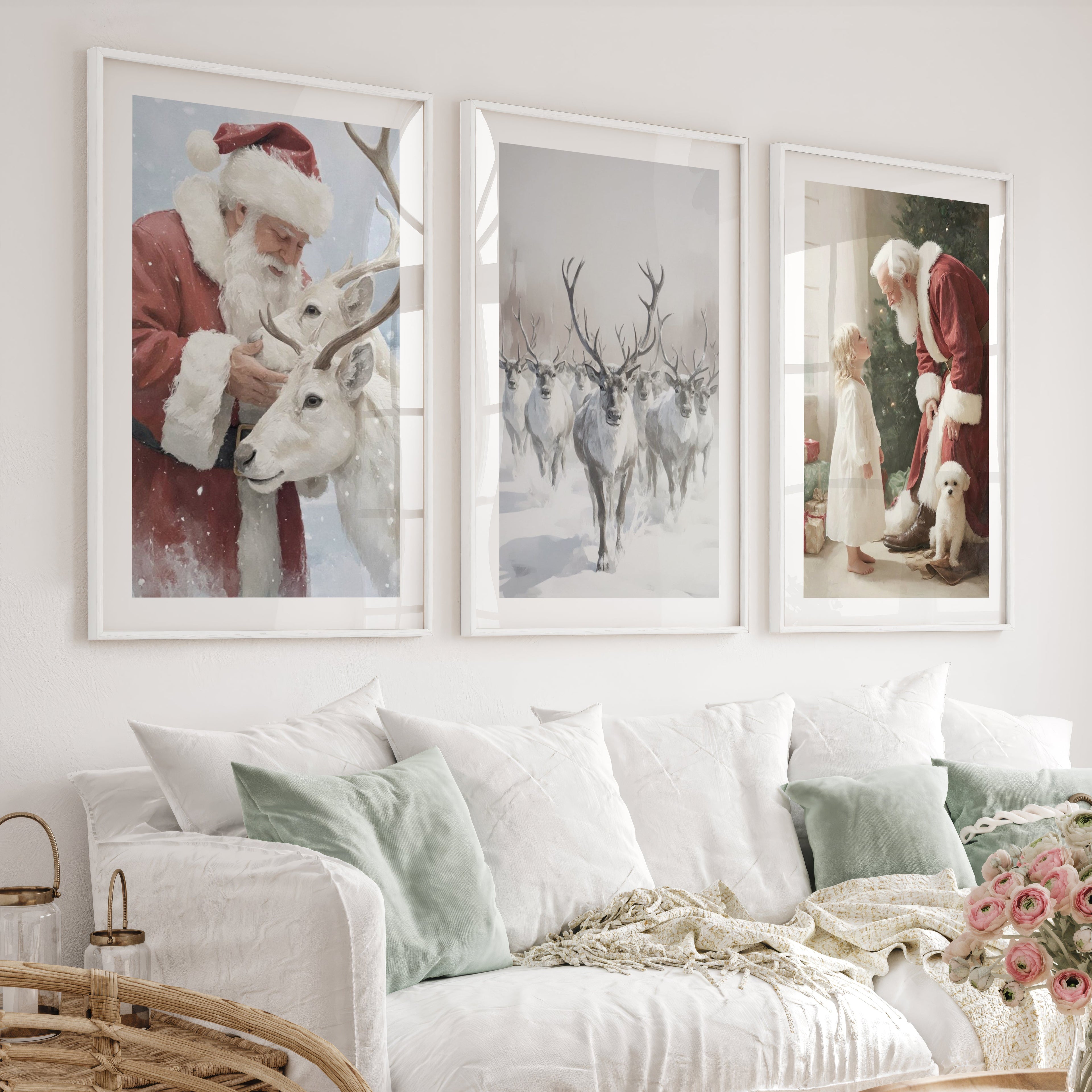 Holiday Wall Art Set of 3 – Santa, Reindeer, Christmas Tree Prints